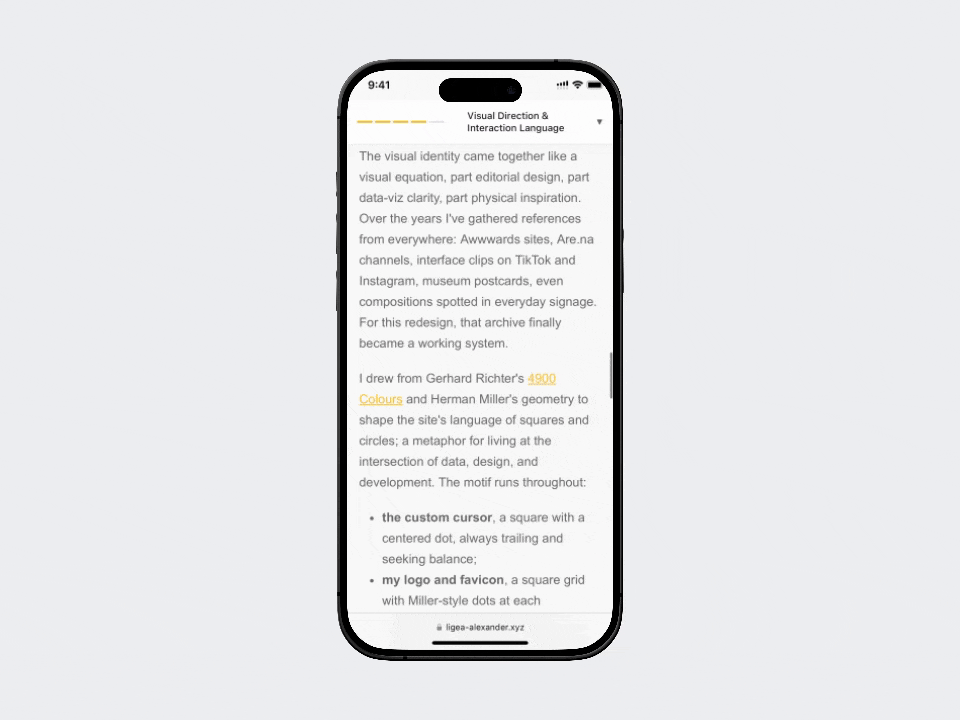 GIF showing the mobile skip to section button in action, with active section dot indicator. When the user taps the button, a dropdown menu appears with all section titles and numbers. Tapping a section scrolls the user to that part of the page. The active section dot updates as the user scrolls through the content.